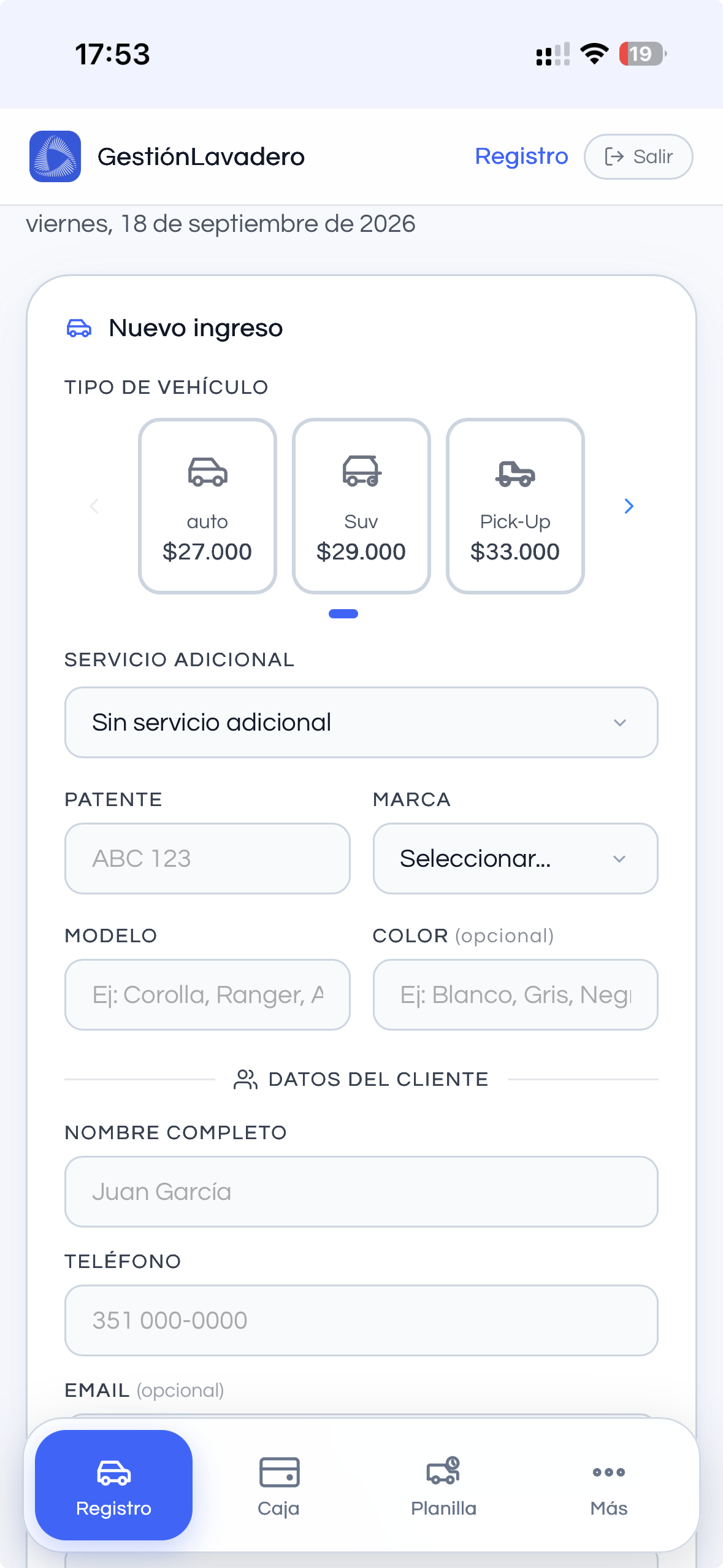 Versión móvil del registro de vehículos y clientes de GestiónLavadero.