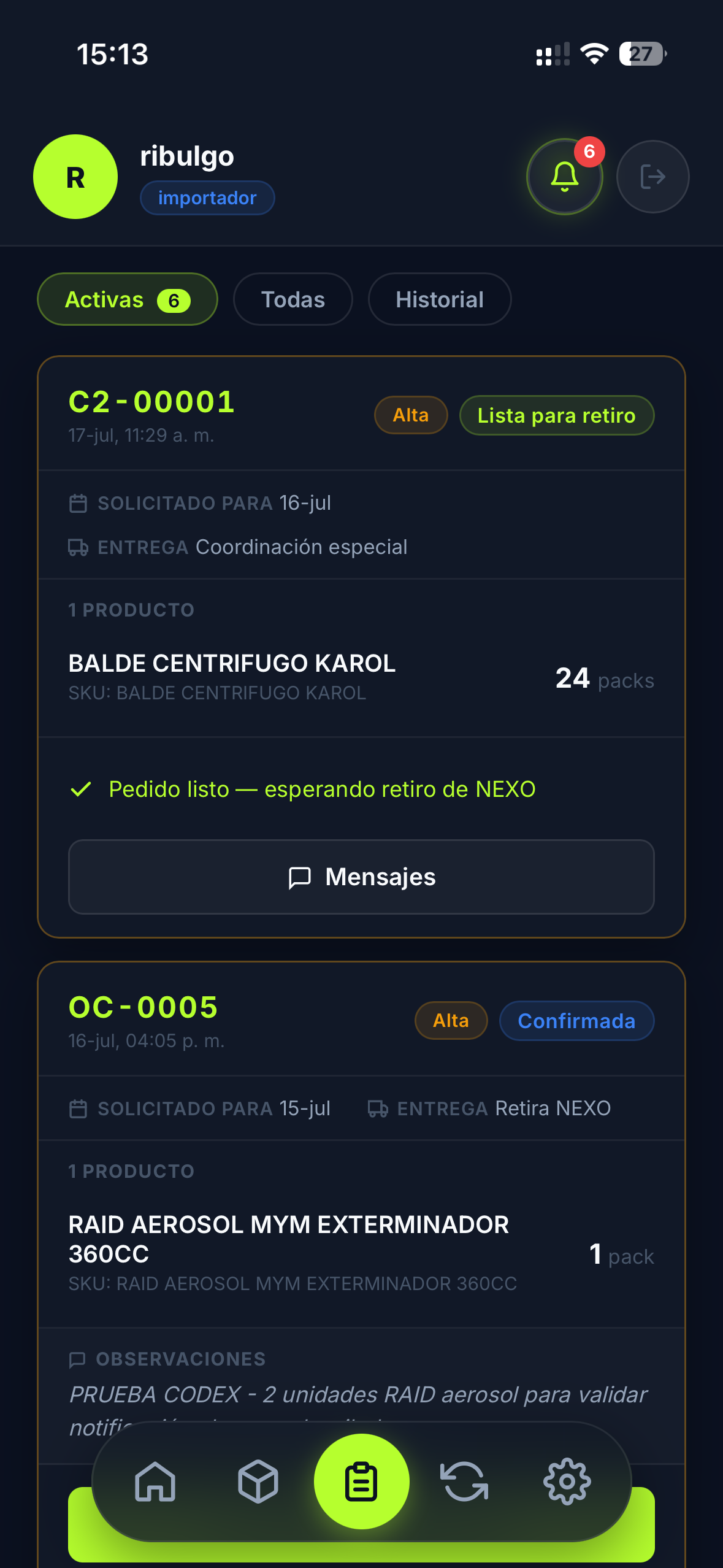 Portal móvil de NEXO: órdenes activas, productos solicitados y acceso a mensajes.